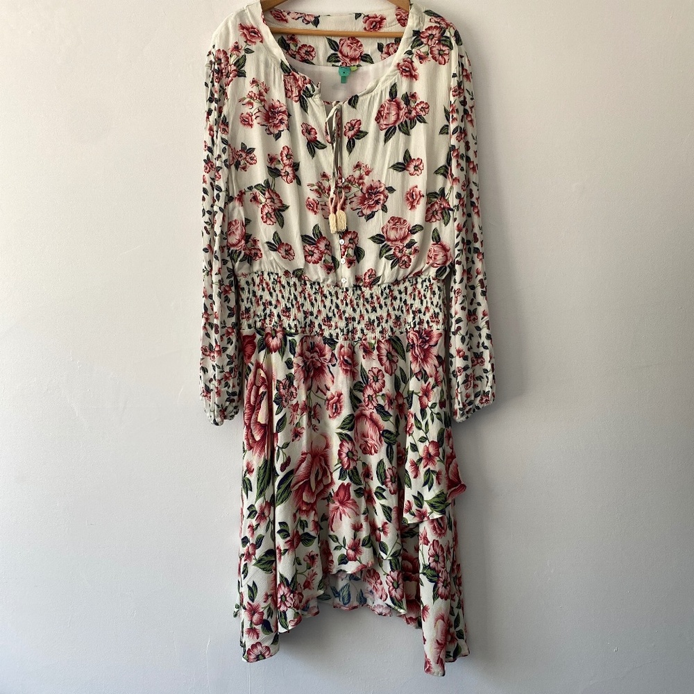 FARM Rio Red Cream Sundress with Bishop Sleeves